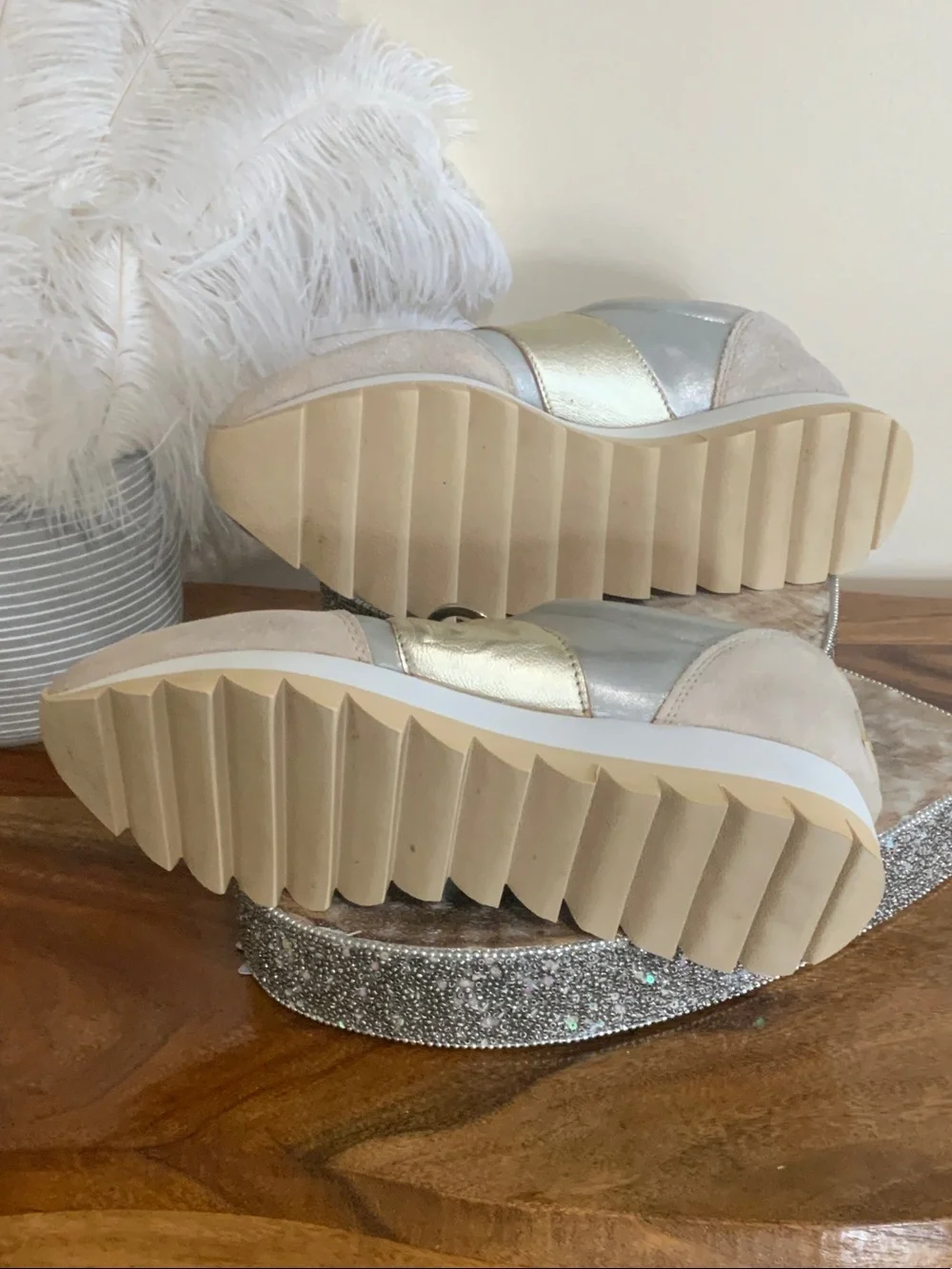 DKNY Metallic Taupe, Gold & Silver Platform Sneakers